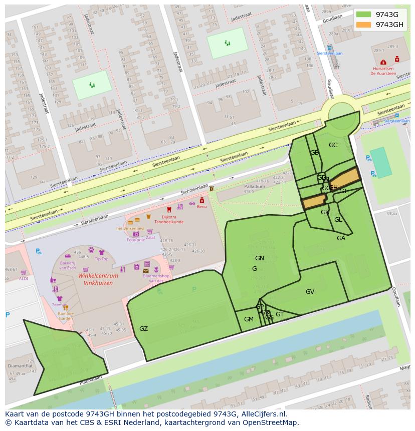 Afbeelding van het postcodegebied 9743 GH op de kaart.