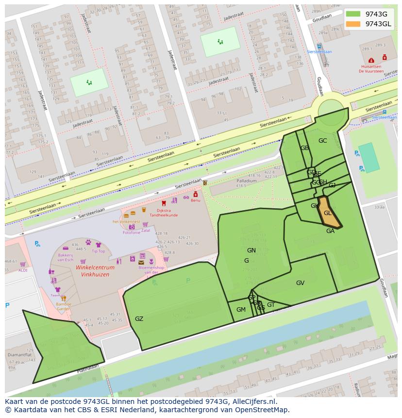 Afbeelding van het postcodegebied 9743 GL op de kaart.