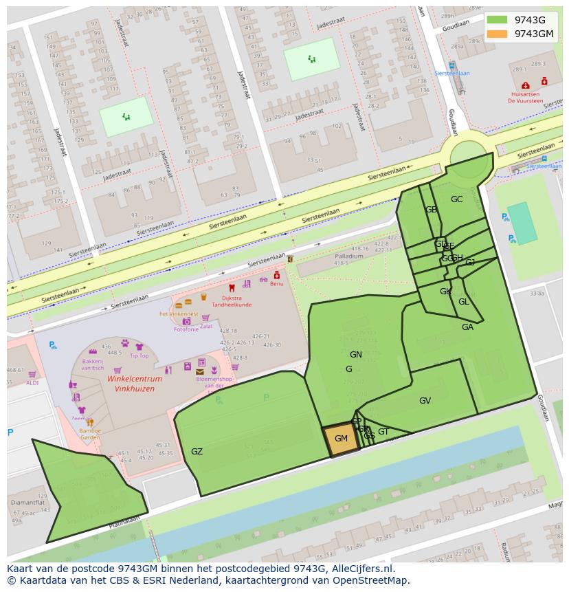 Afbeelding van het postcodegebied 9743 GM op de kaart.