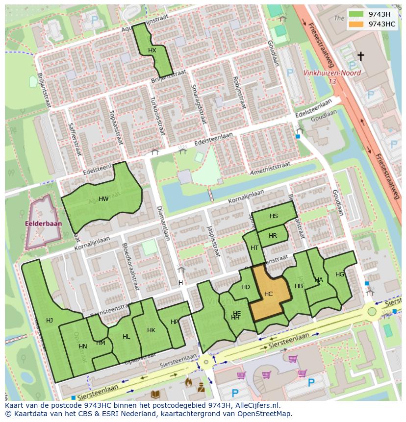 Afbeelding van het postcodegebied 9743 HC op de kaart.
