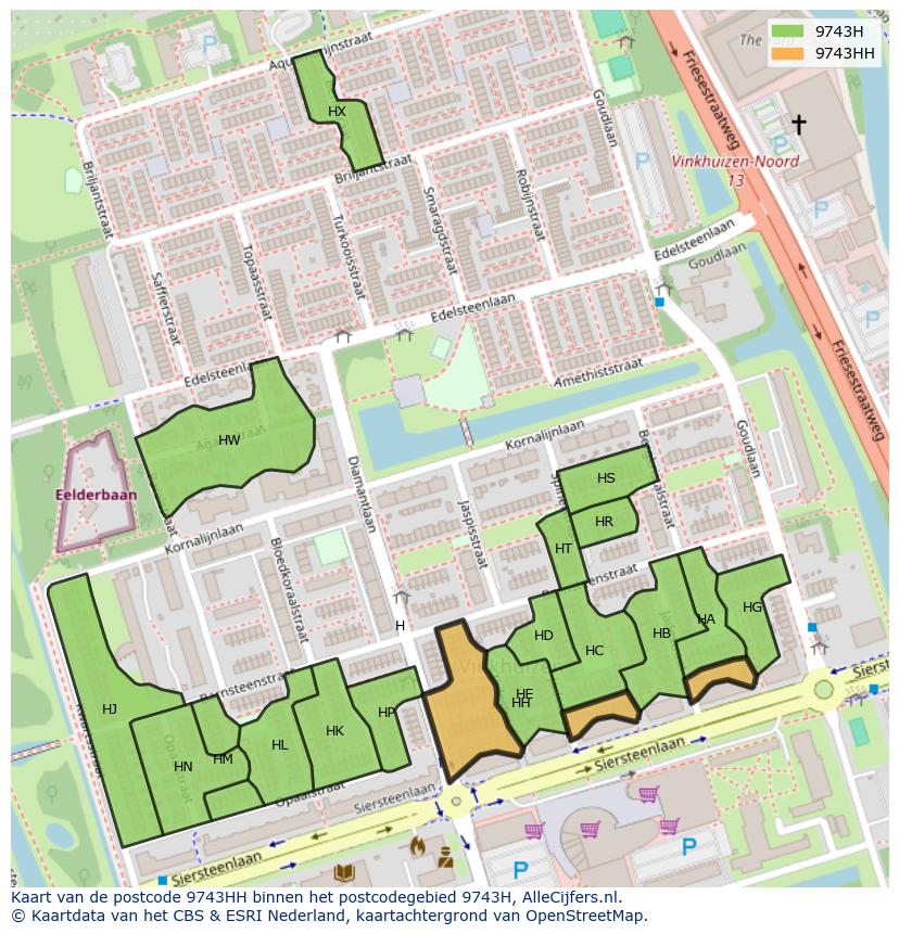 Afbeelding van het postcodegebied 9743 HH op de kaart.