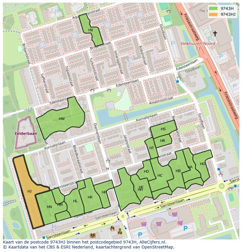 Afbeelding van het postcodegebied 9743 HJ op de kaart.