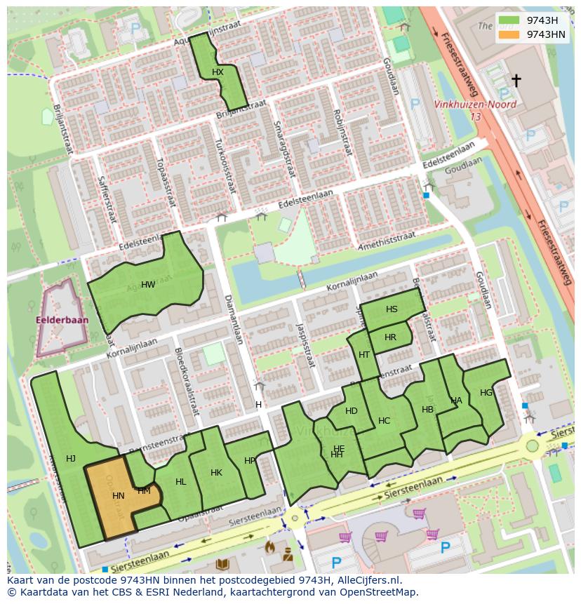 Afbeelding van het postcodegebied 9743 HN op de kaart.