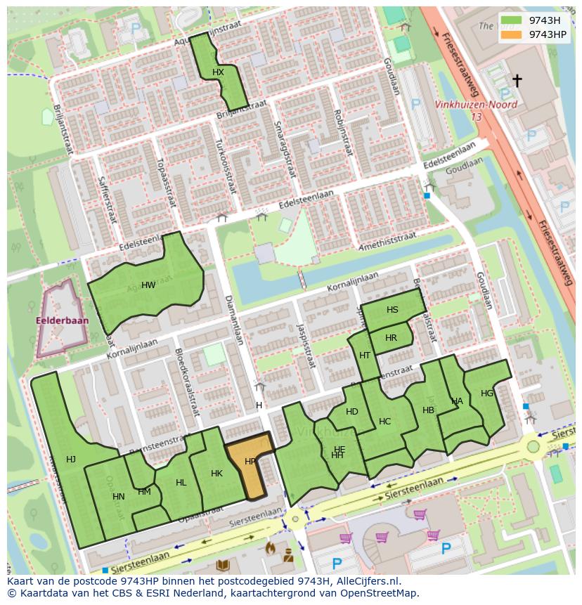 Afbeelding van het postcodegebied 9743 HP op de kaart.