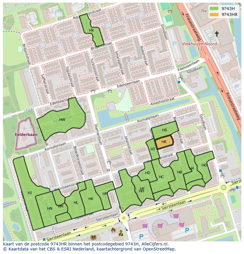 Afbeelding van het postcodegebied 9743 HR op de kaart.