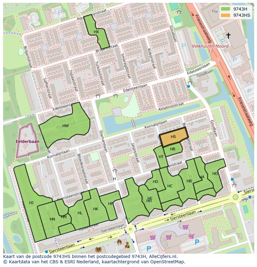 Afbeelding van het postcodegebied 9743 HS op de kaart.