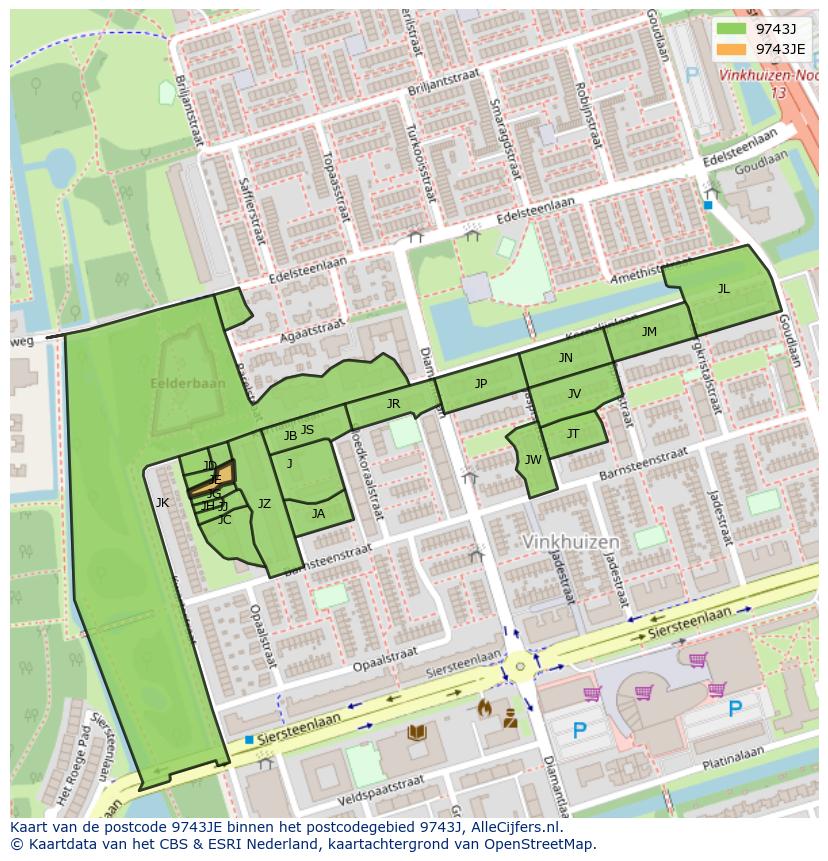 Afbeelding van het postcodegebied 9743 JE op de kaart.