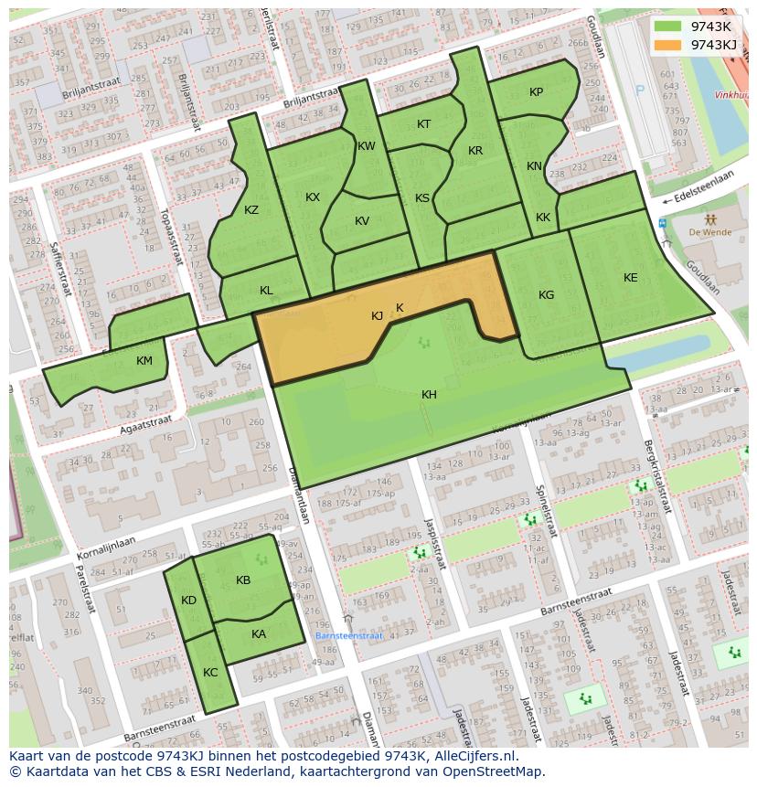 Afbeelding van het postcodegebied 9743 KJ op de kaart.