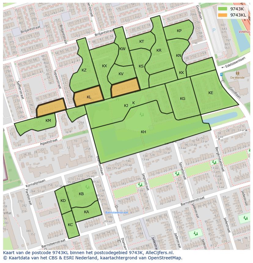 Afbeelding van het postcodegebied 9743 KL op de kaart.