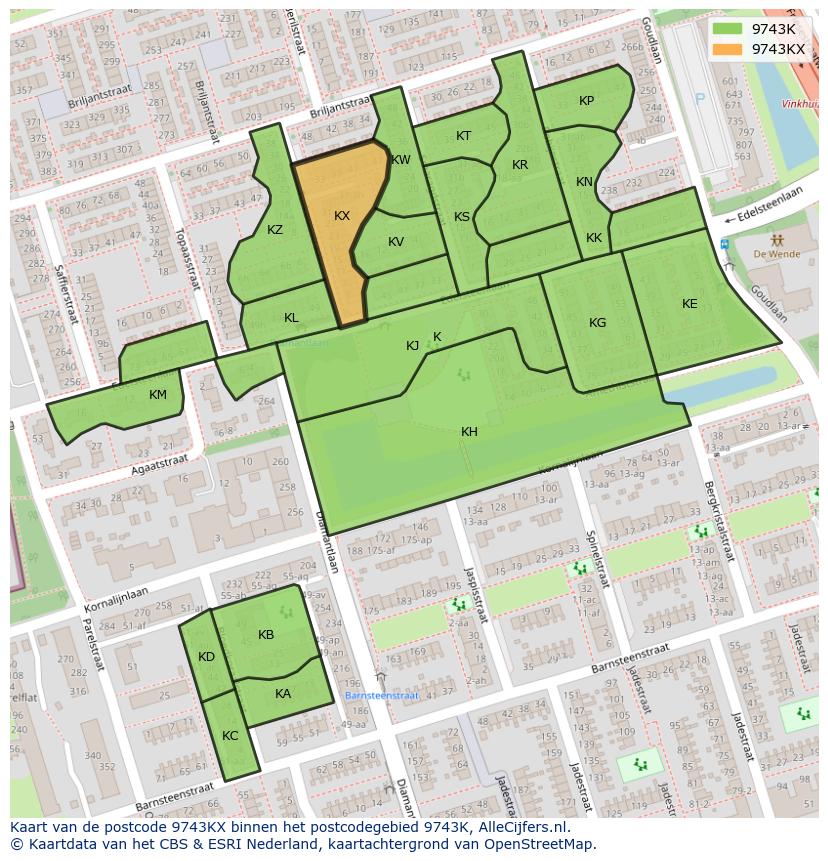 Afbeelding van het postcodegebied 9743 KX op de kaart.