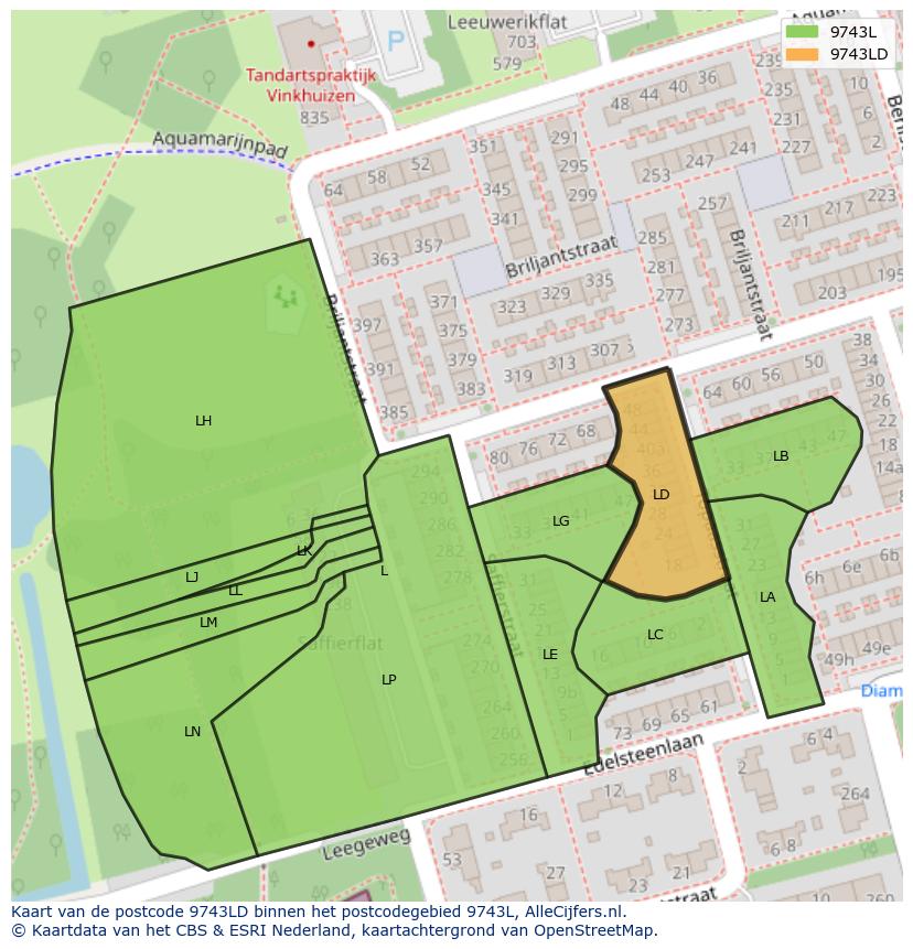 Afbeelding van het postcodegebied 9743 LD op de kaart.