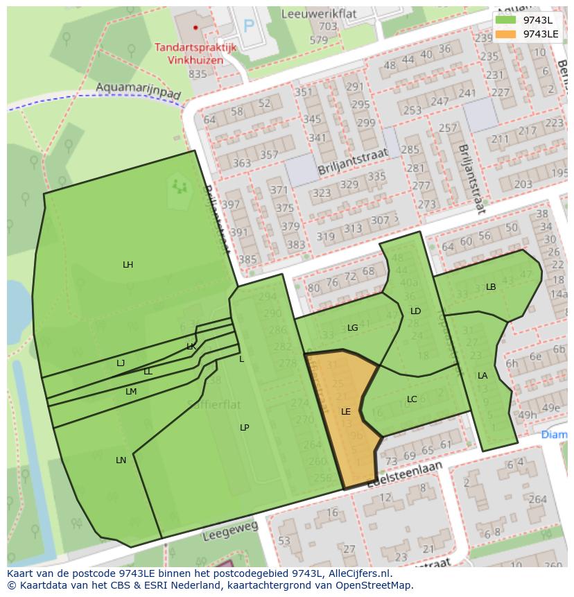 Afbeelding van het postcodegebied 9743 LE op de kaart.