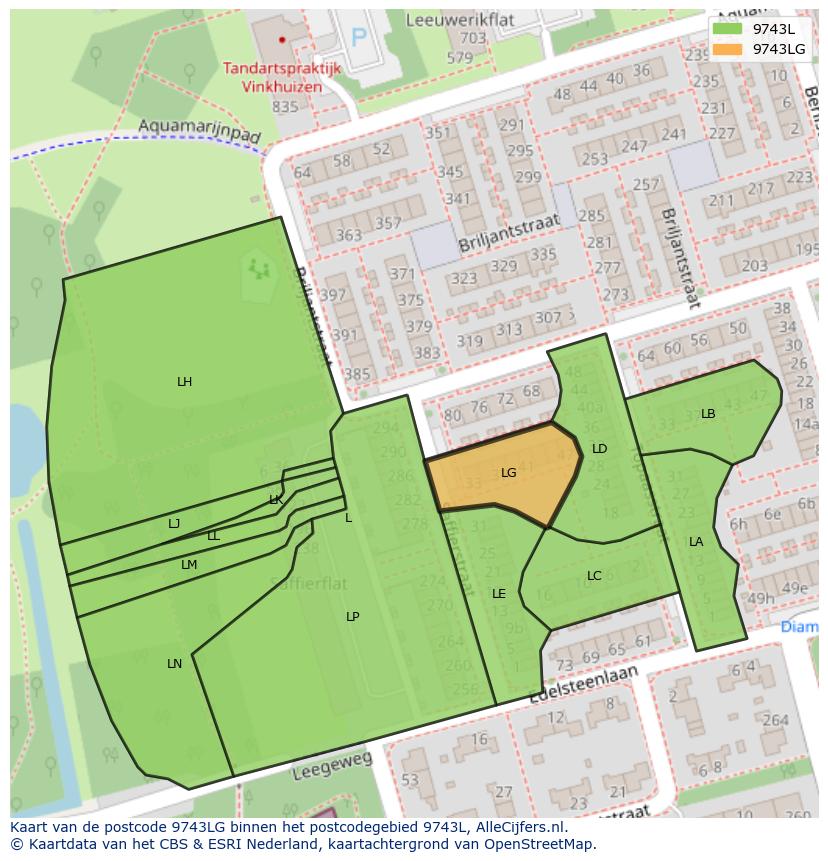 Afbeelding van het postcodegebied 9743 LG op de kaart.