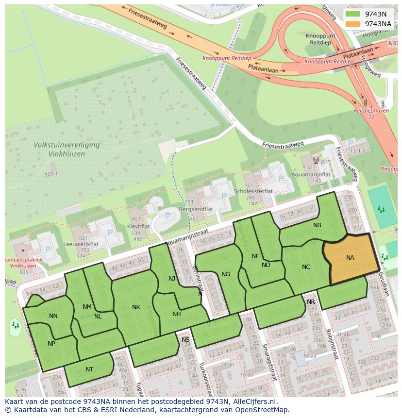 Afbeelding van het postcodegebied 9743 NA op de kaart.