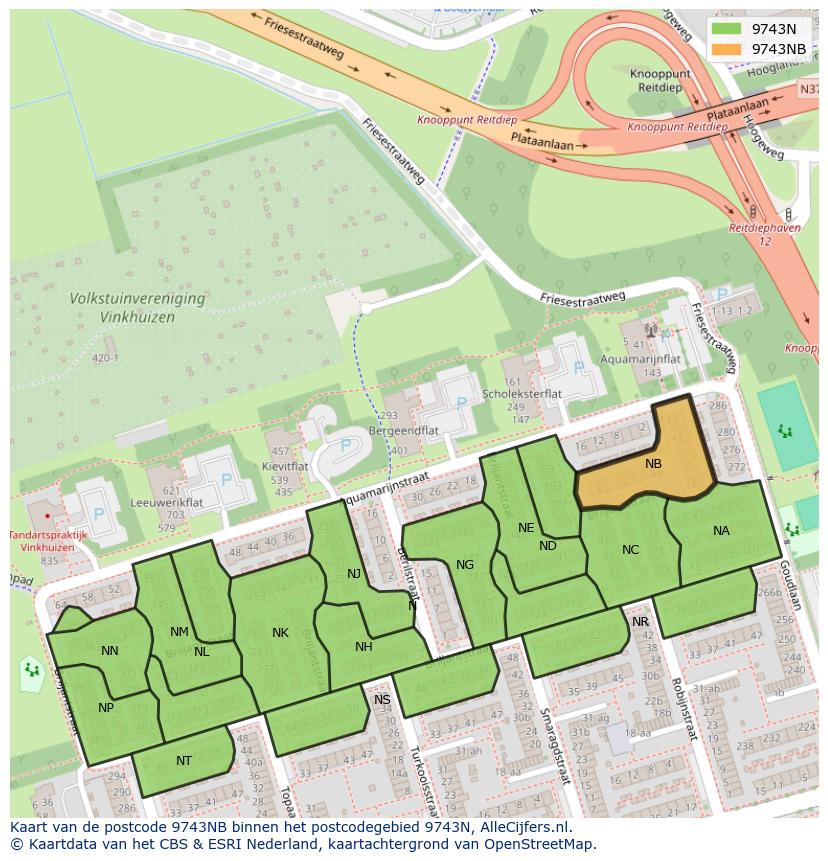 Afbeelding van het postcodegebied 9743 NB op de kaart.