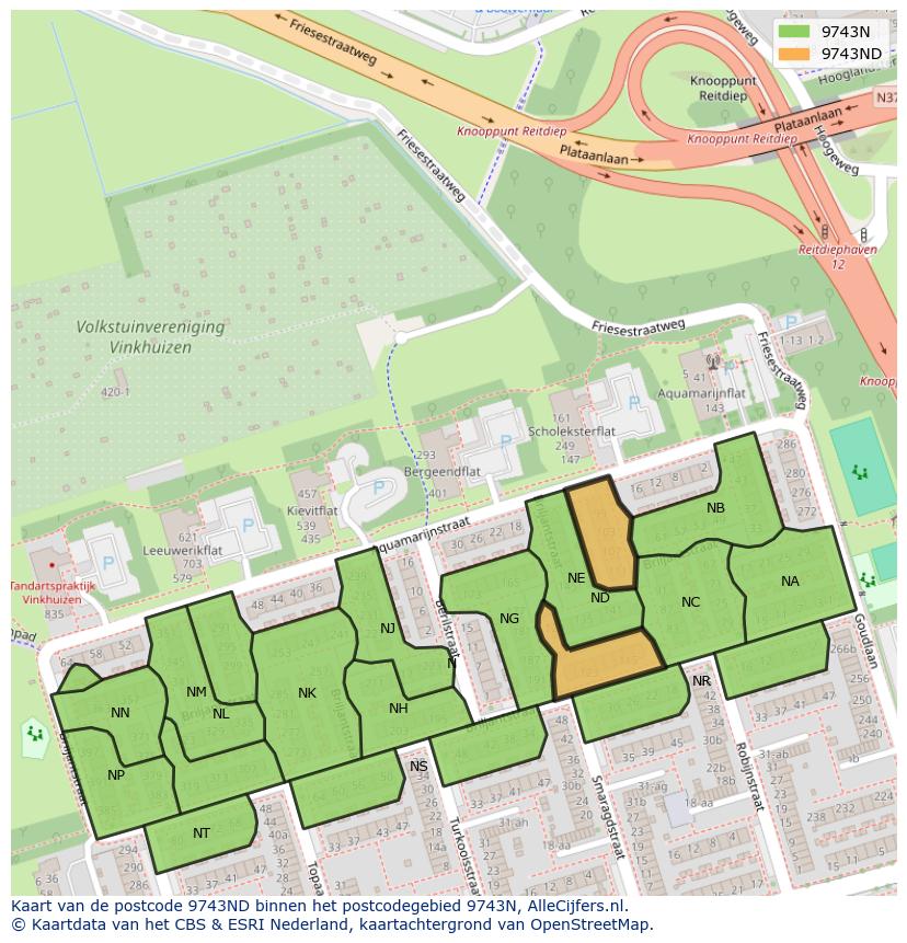 Afbeelding van het postcodegebied 9743 ND op de kaart.