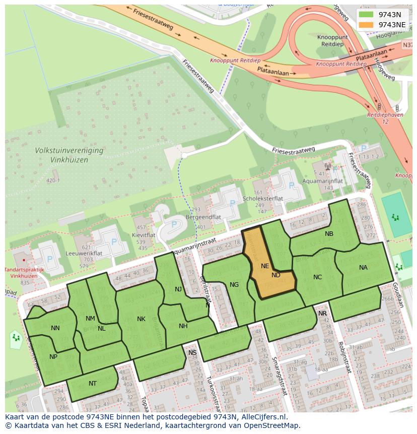 Afbeelding van het postcodegebied 9743 NE op de kaart.