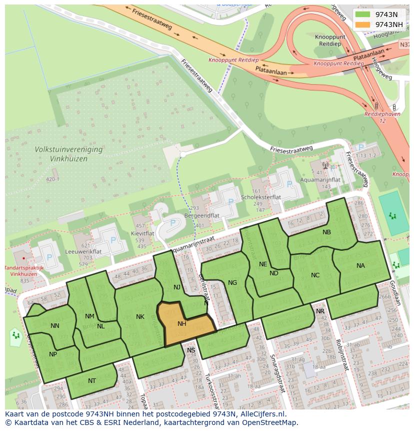Afbeelding van het postcodegebied 9743 NH op de kaart.