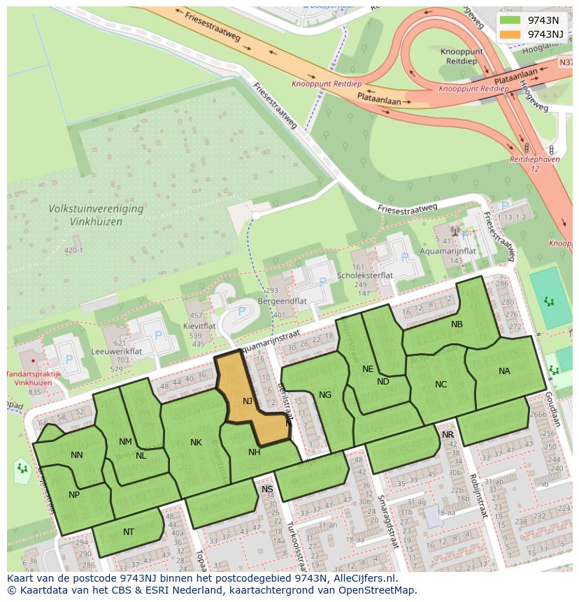 Afbeelding van het postcodegebied 9743 NJ op de kaart.