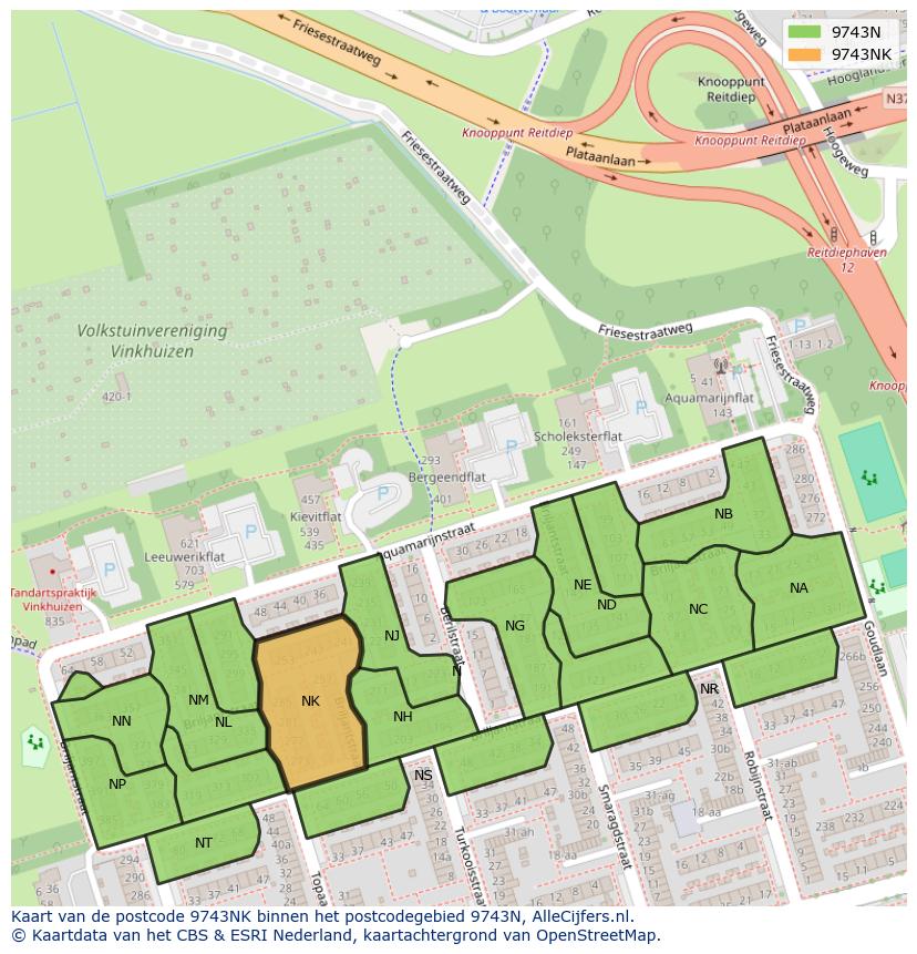 Afbeelding van het postcodegebied 9743 NK op de kaart.
