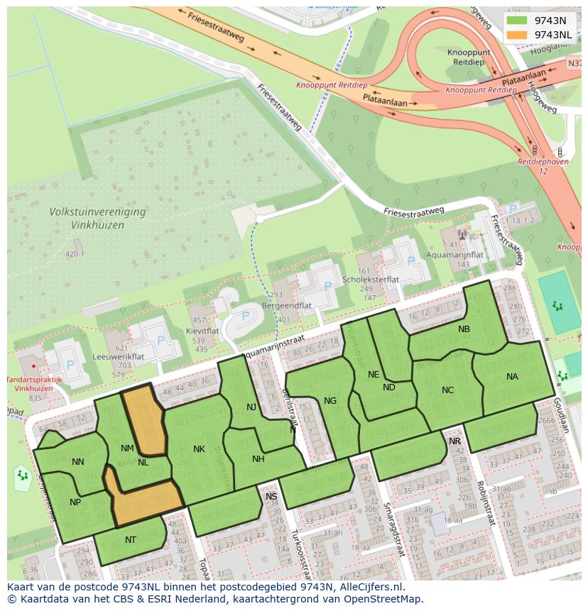 Afbeelding van het postcodegebied 9743 NL op de kaart.