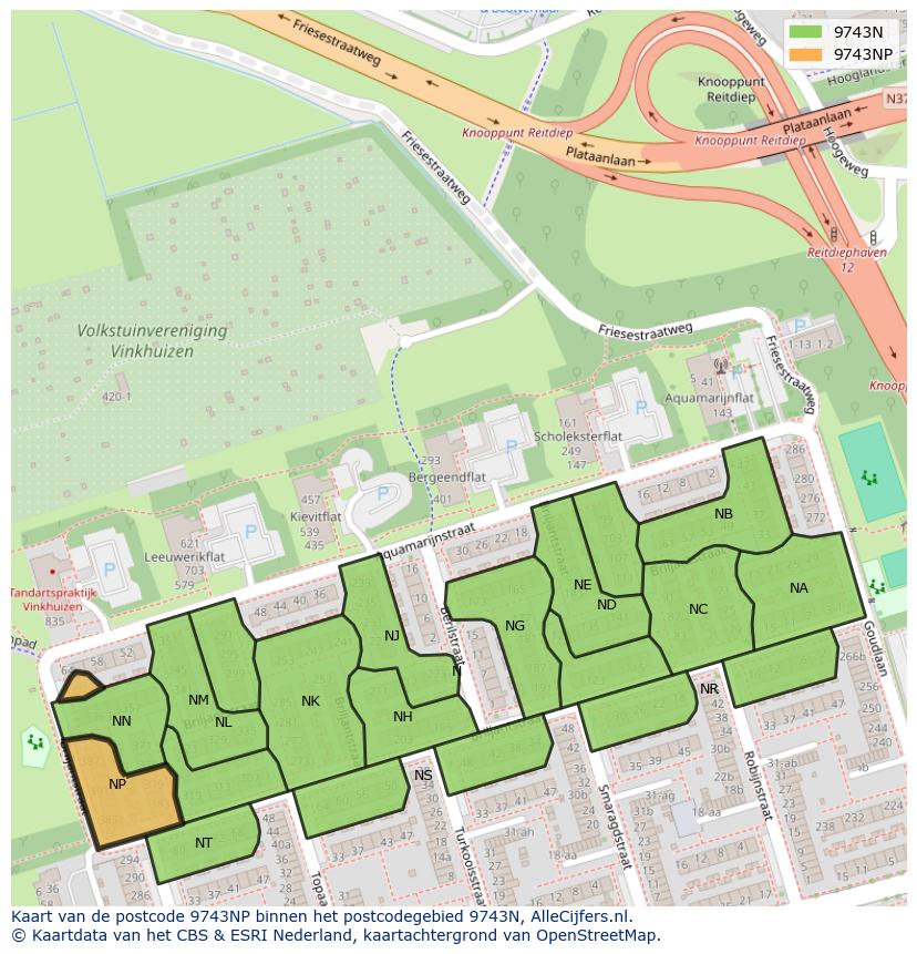 Afbeelding van het postcodegebied 9743 NP op de kaart.