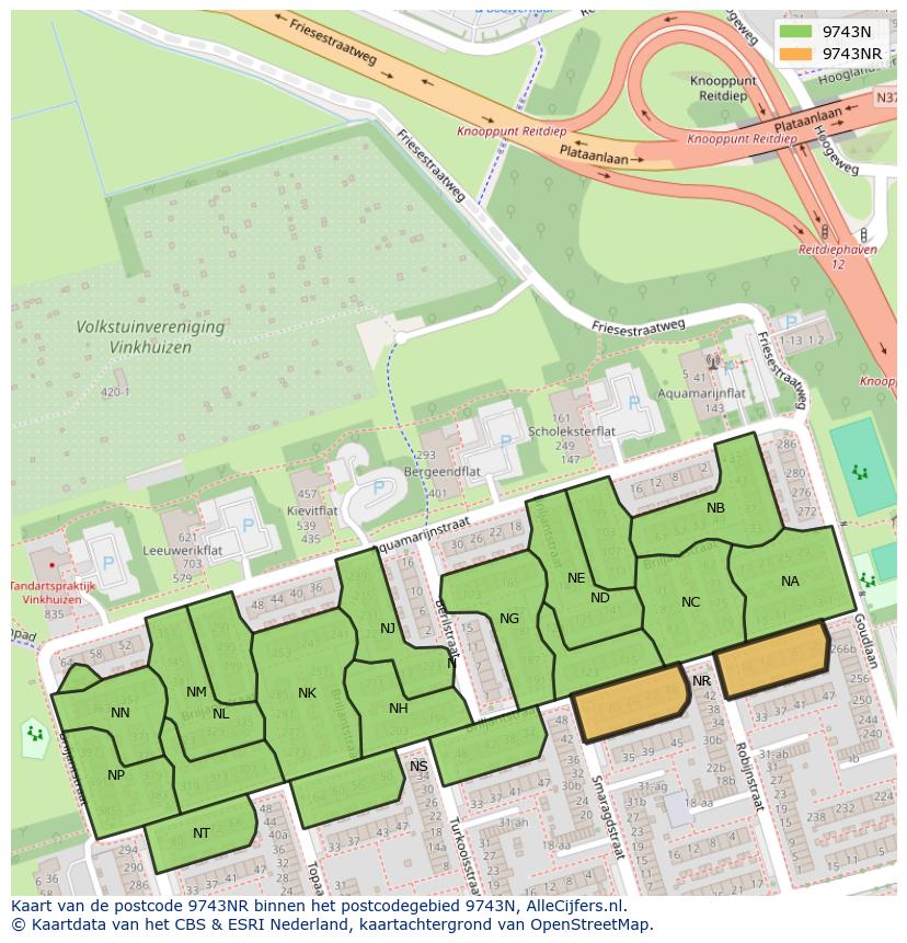 Afbeelding van het postcodegebied 9743 NR op de kaart.
