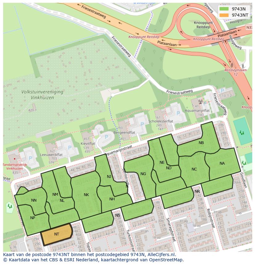 Afbeelding van het postcodegebied 9743 NT op de kaart.