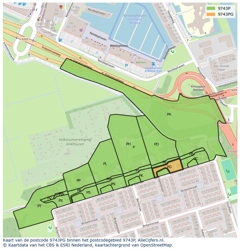 Afbeelding van het postcodegebied 9743 PG op de kaart.