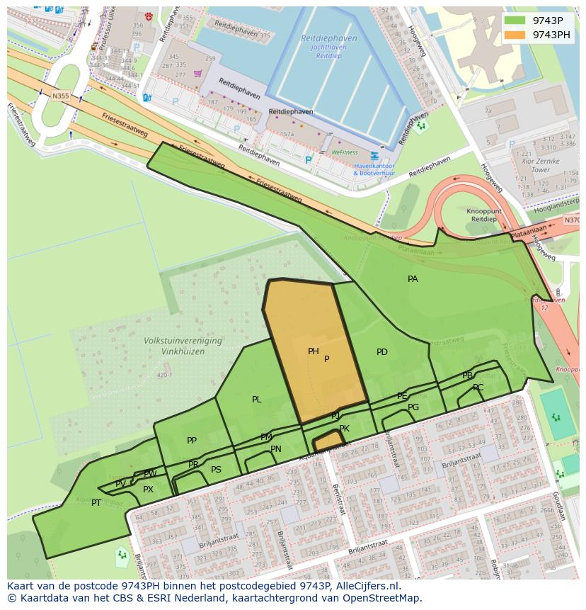 Afbeelding van het postcodegebied 9743 PH op de kaart.