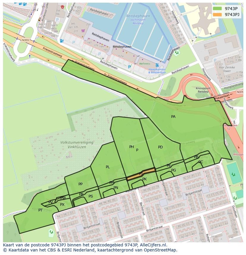Afbeelding van het postcodegebied 9743 PJ op de kaart.