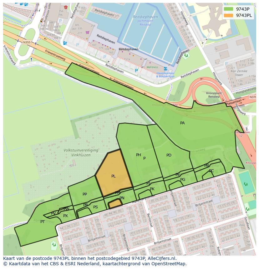 Afbeelding van het postcodegebied 9743 PL op de kaart.
