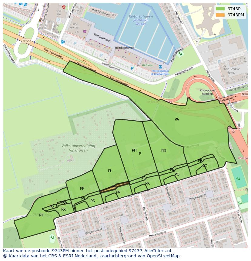 Afbeelding van het postcodegebied 9743 PM op de kaart.