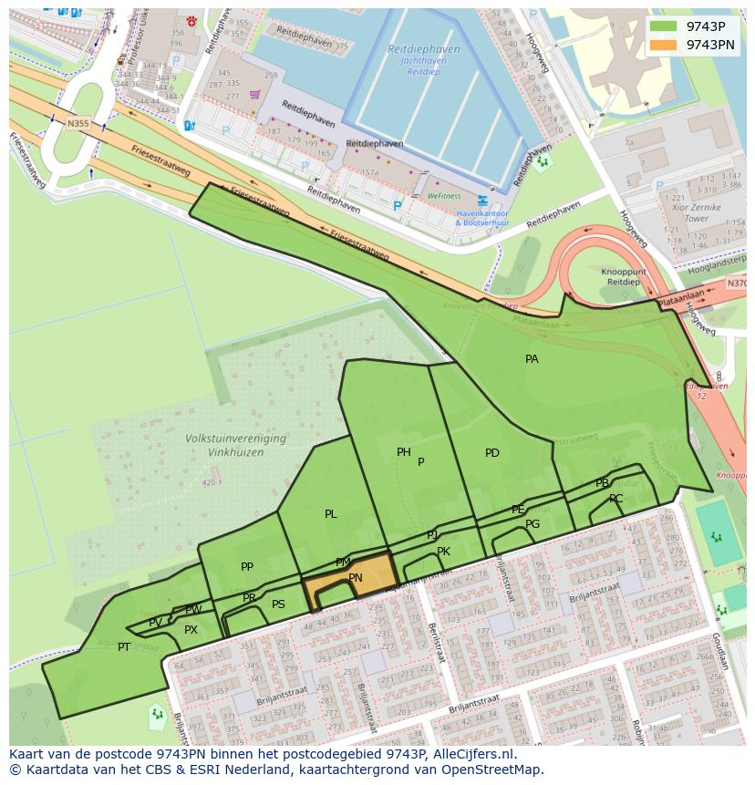 Afbeelding van het postcodegebied 9743 PN op de kaart.