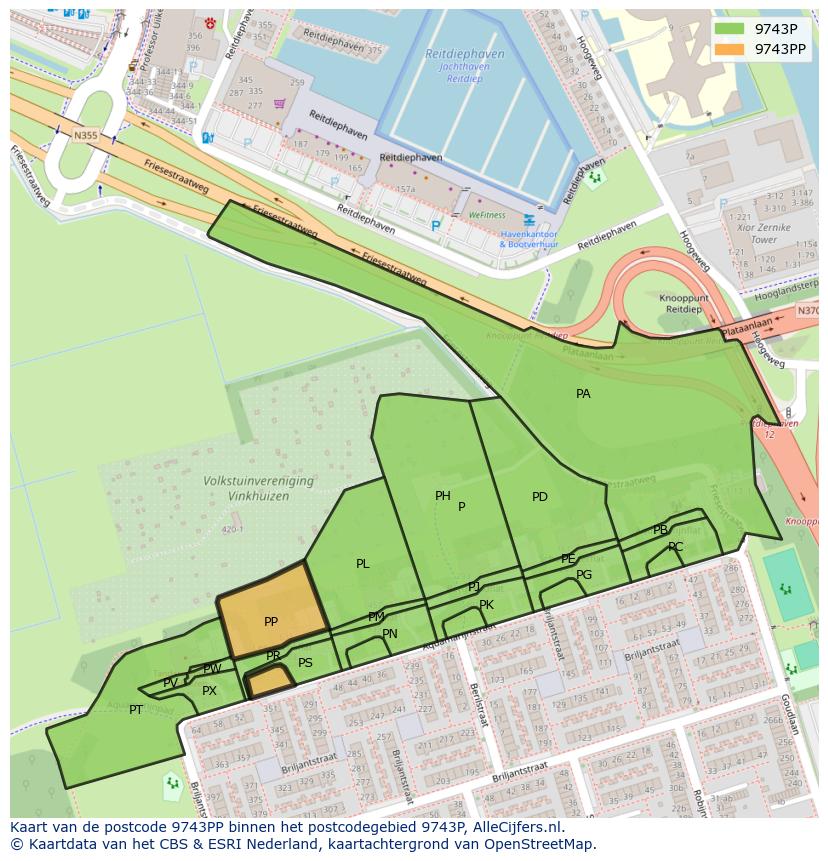 Afbeelding van het postcodegebied 9743 PP op de kaart.