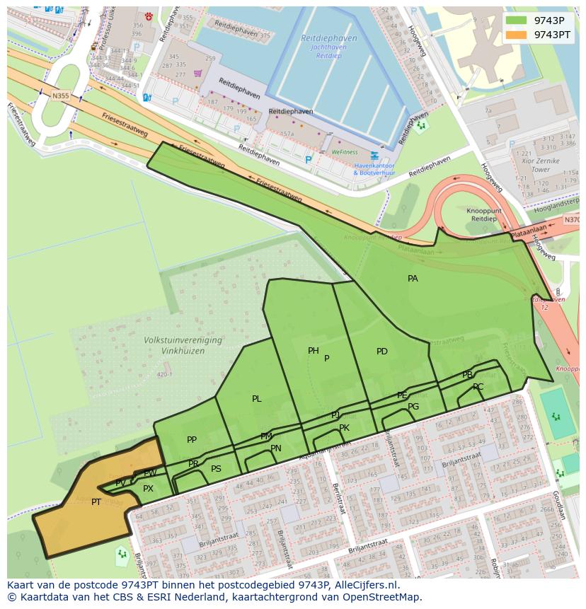 Afbeelding van het postcodegebied 9743 PT op de kaart.