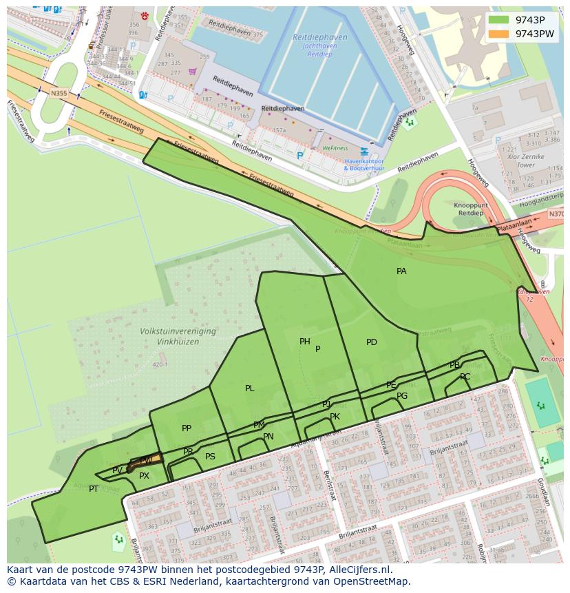 Afbeelding van het postcodegebied 9743 PW op de kaart.