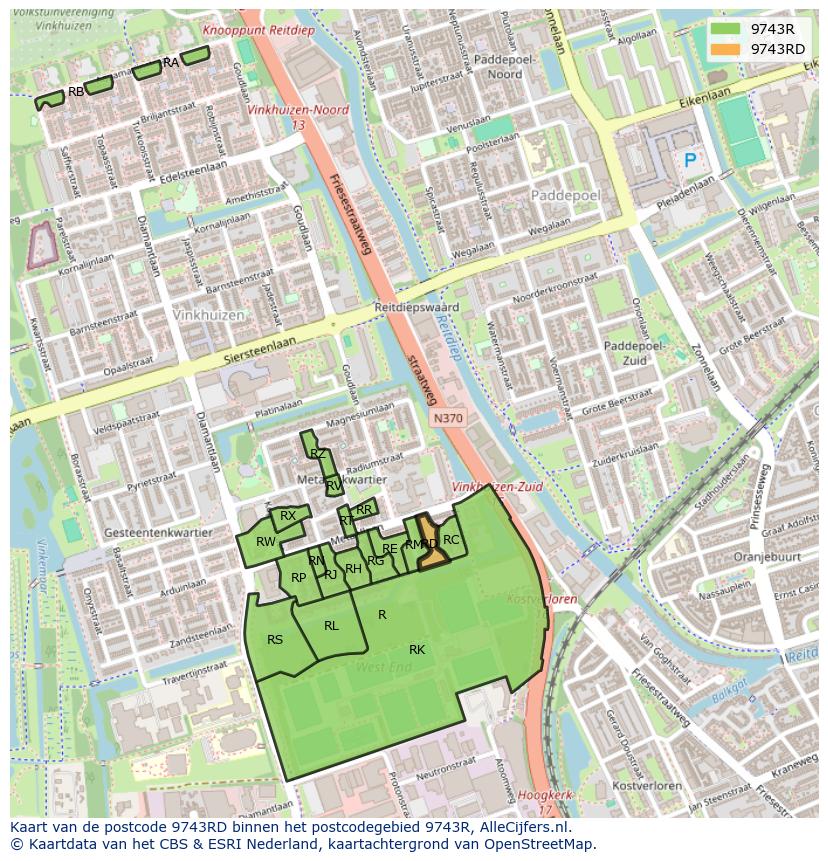 Afbeelding van het postcodegebied 9743 RD op de kaart.