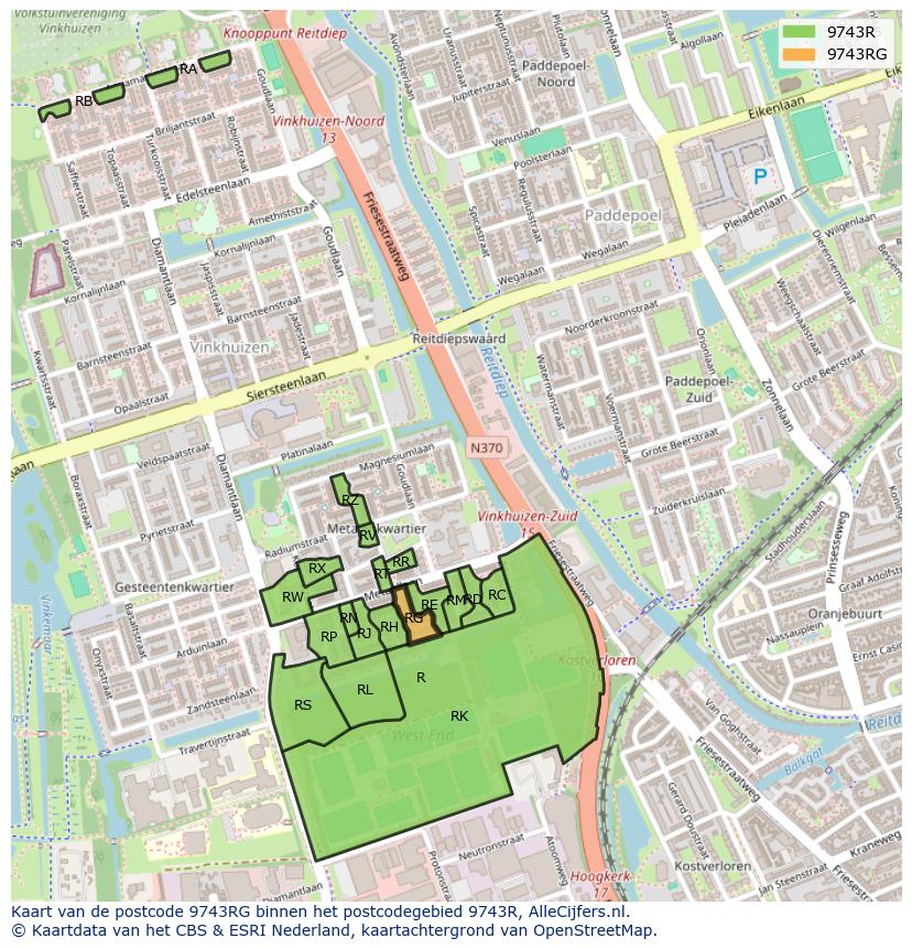 Afbeelding van het postcodegebied 9743 RG op de kaart.