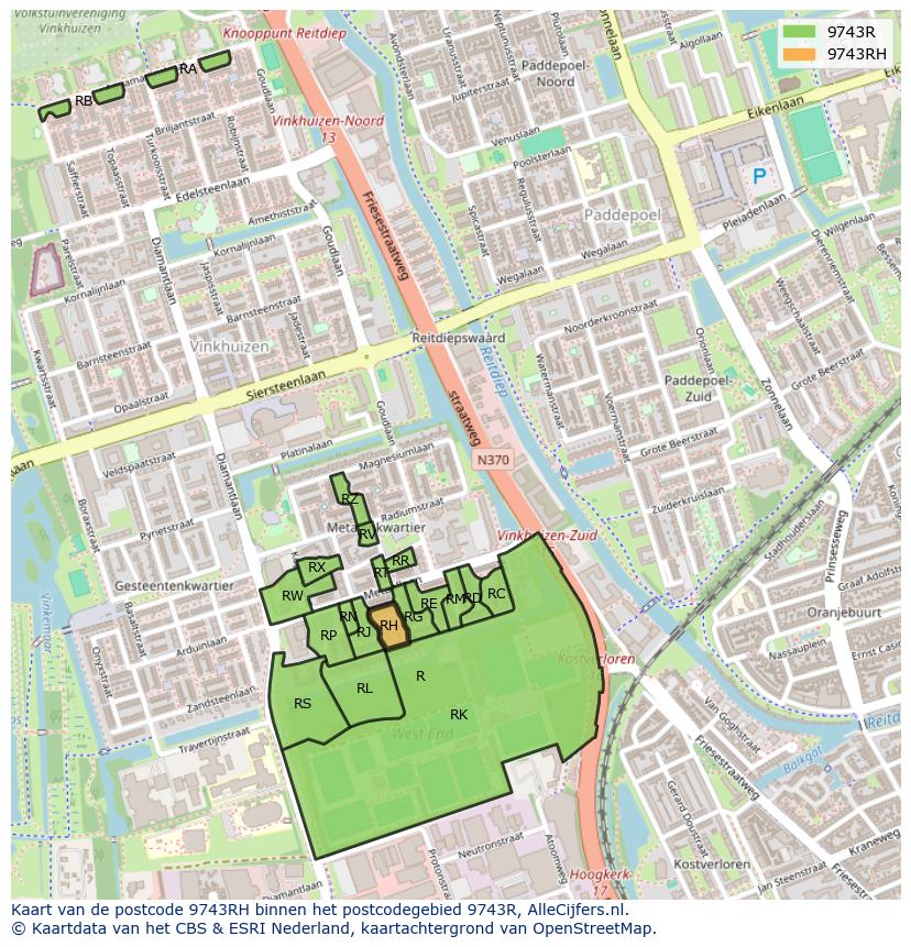 Afbeelding van het postcodegebied 9743 RH op de kaart.