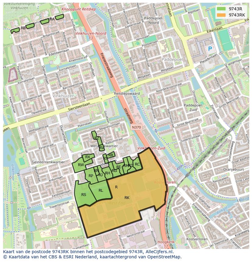 Afbeelding van het postcodegebied 9743 RK op de kaart.