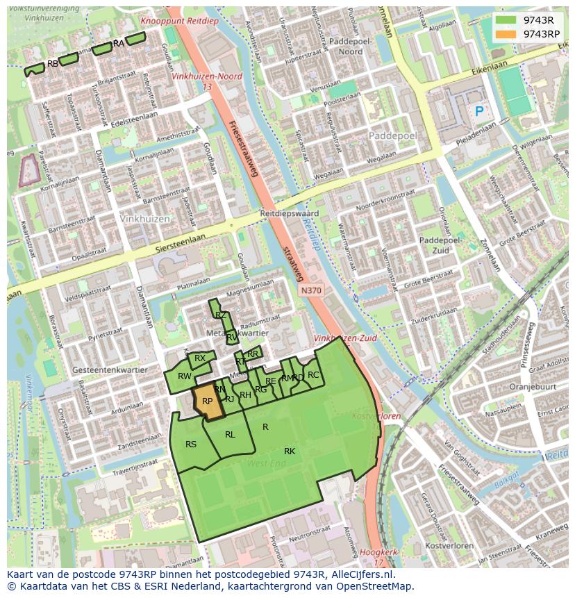 Afbeelding van het postcodegebied 9743 RP op de kaart.