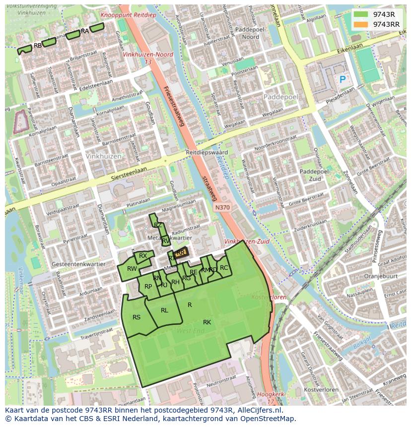 Afbeelding van het postcodegebied 9743 RR op de kaart.