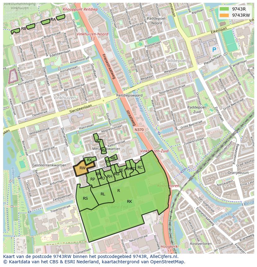 Afbeelding van het postcodegebied 9743 RW op de kaart.