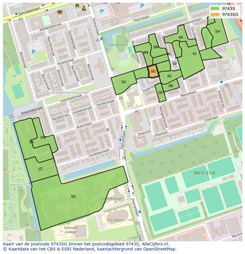 Afbeelding van het postcodegebied 9743 SG op de kaart.