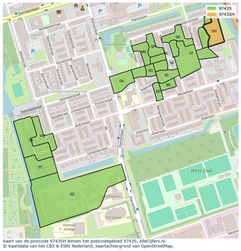 Afbeelding van het postcodegebied 9743 SH op de kaart.