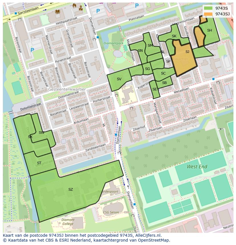 Afbeelding van het postcodegebied 9743 SJ op de kaart.
