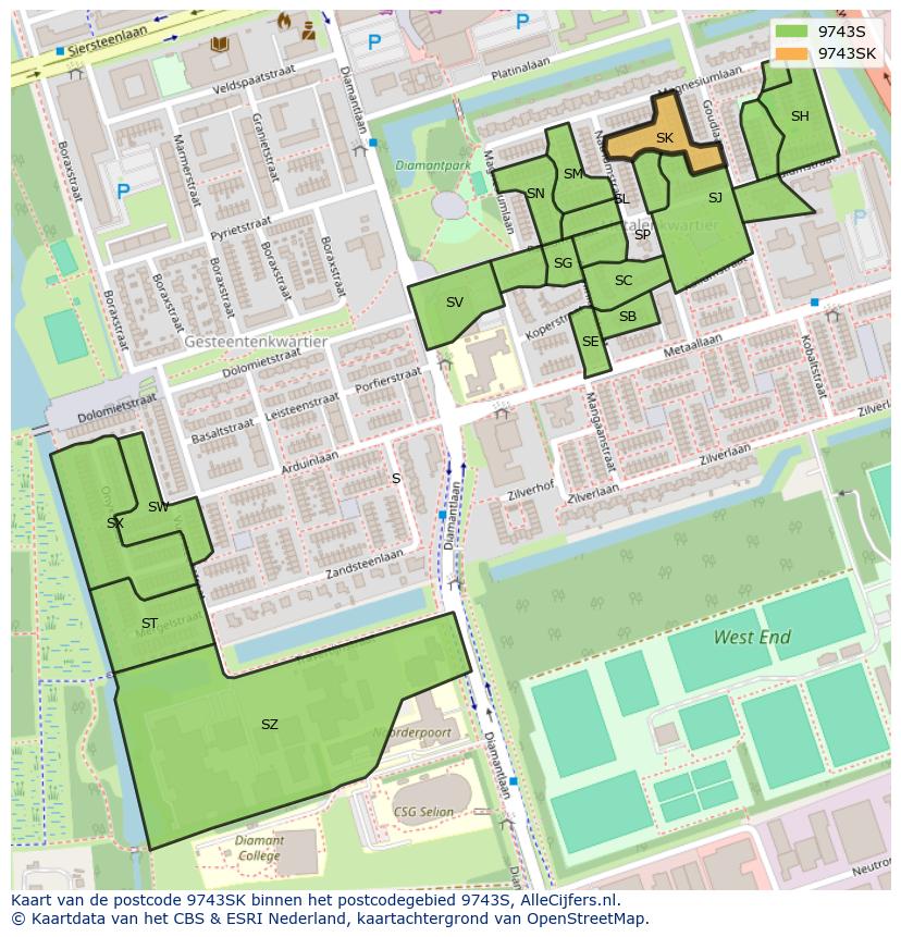 Afbeelding van het postcodegebied 9743 SK op de kaart.