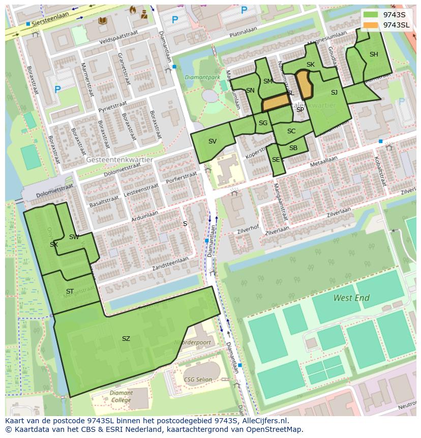 Afbeelding van het postcodegebied 9743 SL op de kaart.