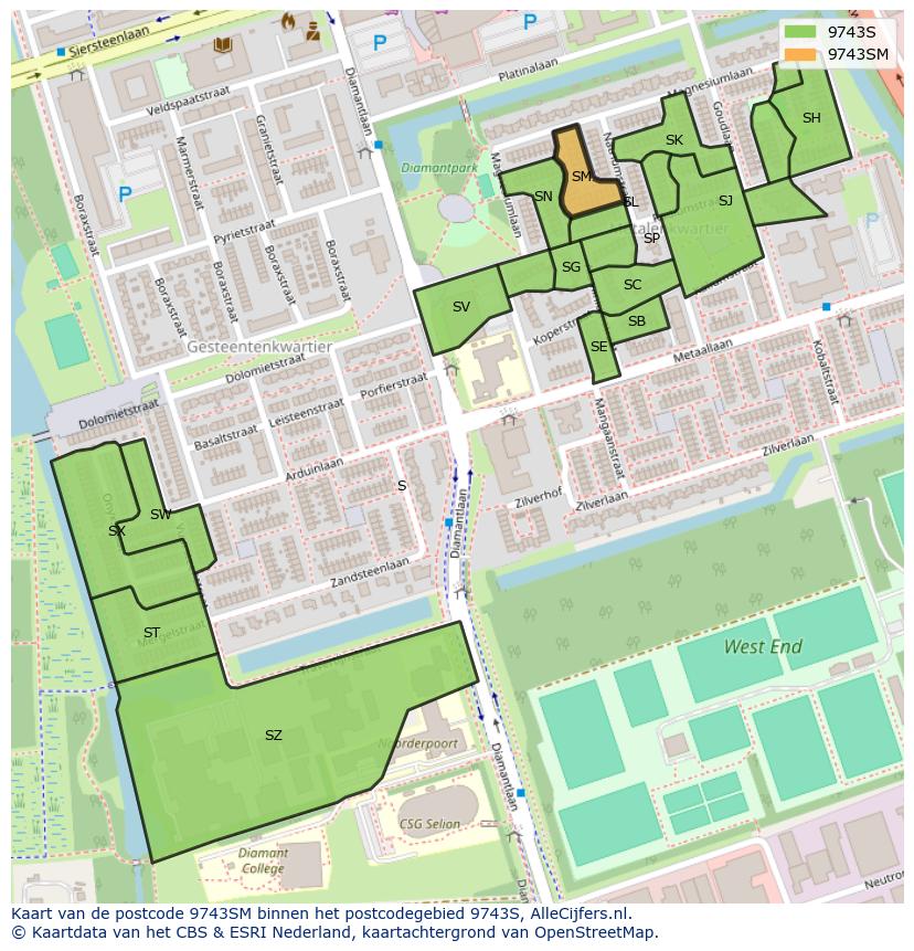 Afbeelding van het postcodegebied 9743 SM op de kaart.
